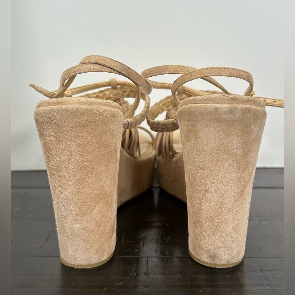 Stuart Weitzman Tasselmania Suede Wedge Sandal, Beige, Size 10.5 - Picture 6 of 11